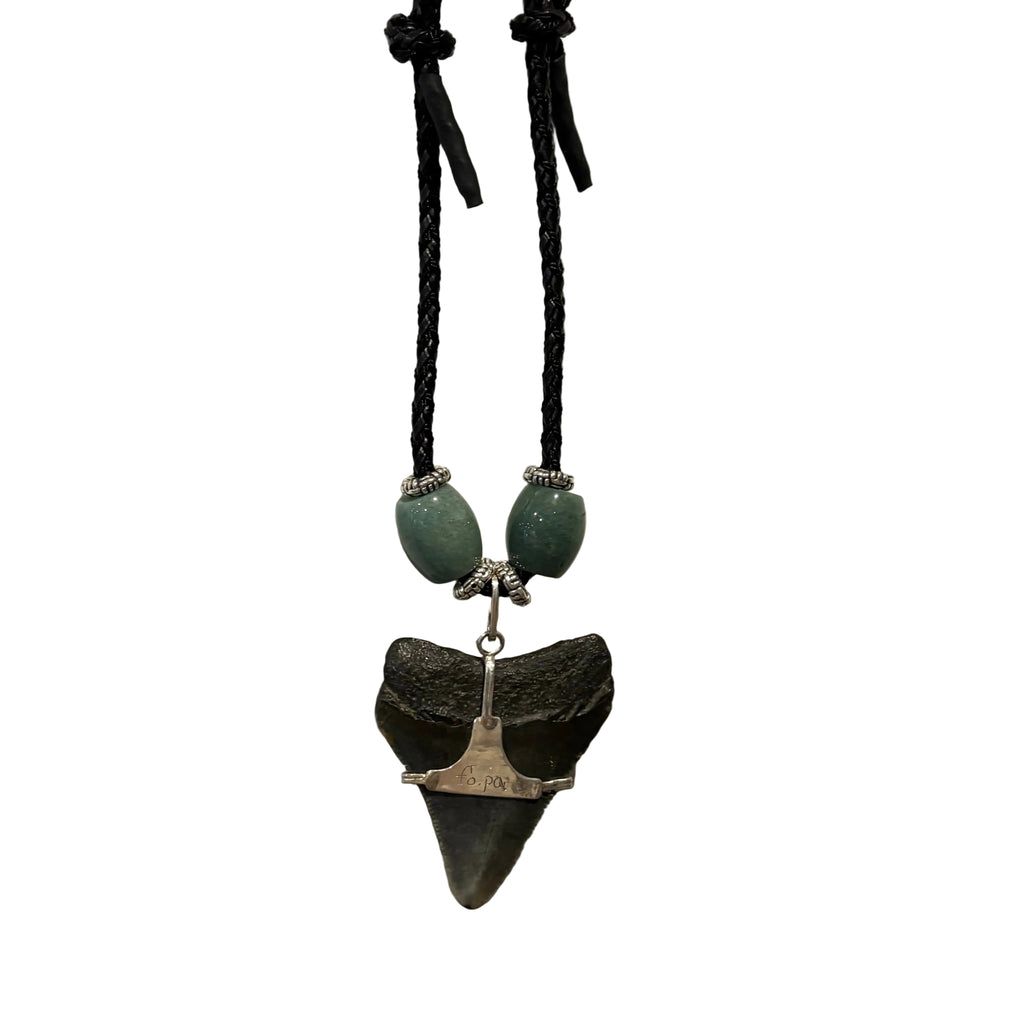 Megalodon Tooth Necklace - detail view showing engraved branding